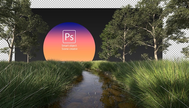 PSD 渓流と川沿いの植物は、環境のクリッピングパスをストリーミングします