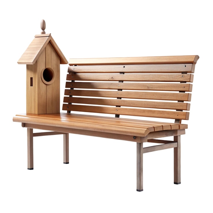 PSD street bench with wooden birdhouse on a white back