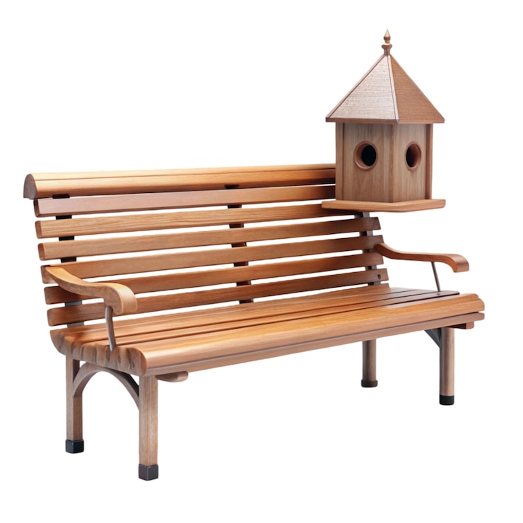 PSD street bench with wooden birdhouse on a white back