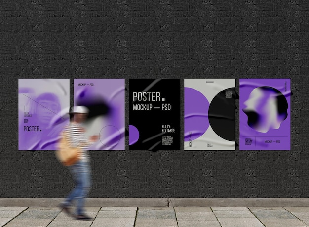 PSD street glued posters mockup