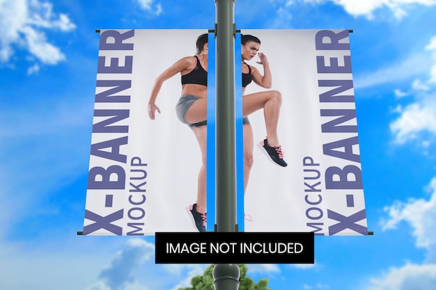 PSD street pole banner mockup bottom front angle view