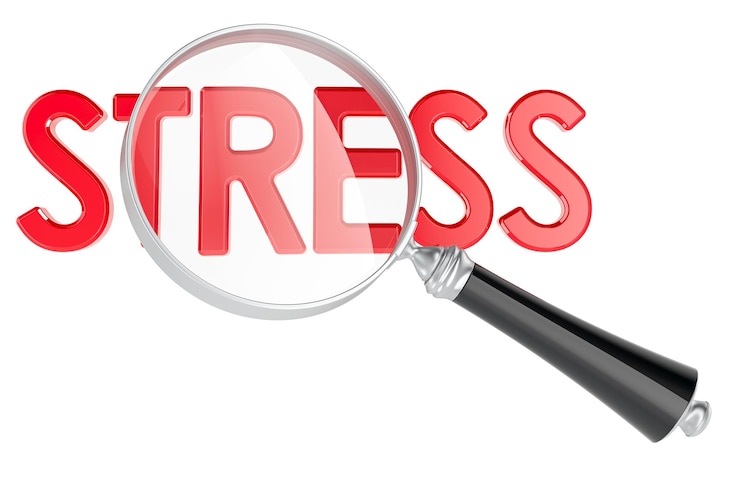 PSD stress with magnifying glass 3d rendering isolated on transparent background
