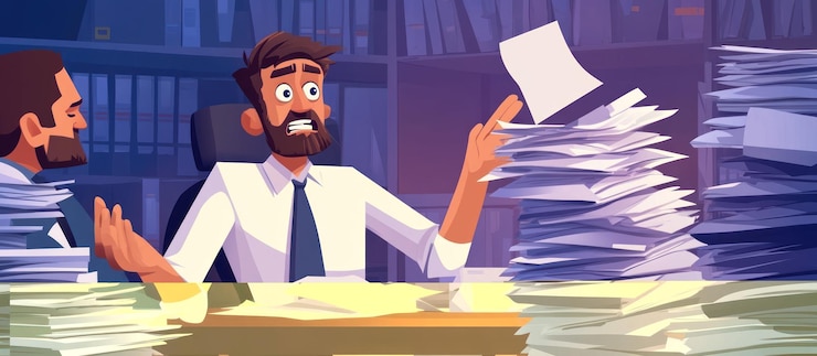 PSD stressed businessman overwhelmed by paperwork in office