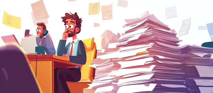 PSD stressed businessmen overwhelmed by paperwork and deadlines in office