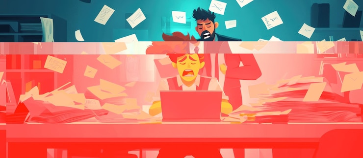 PSD stressed employee overwhelmed by work and emails with angry boss