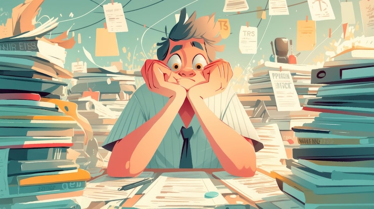 PSD a stressed man sits at a desk surrounded by piles of paperwork looking overwhelmed