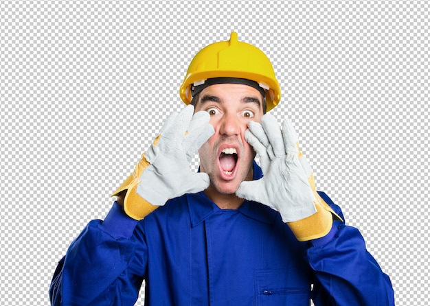 PSD stressed worker shouting on white background