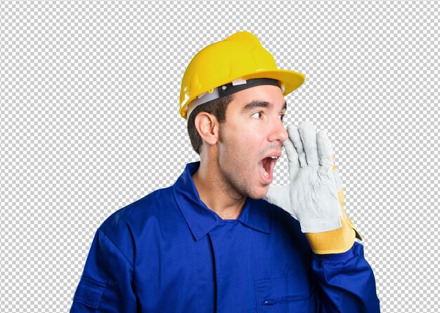 PSD stressed worker shouting on white background