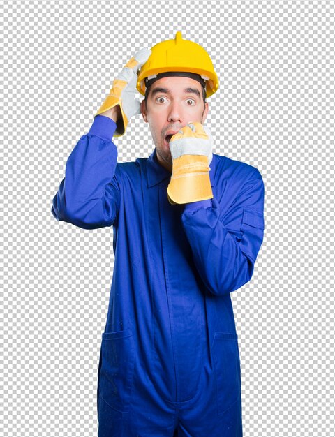 PSD stressed workman on white background