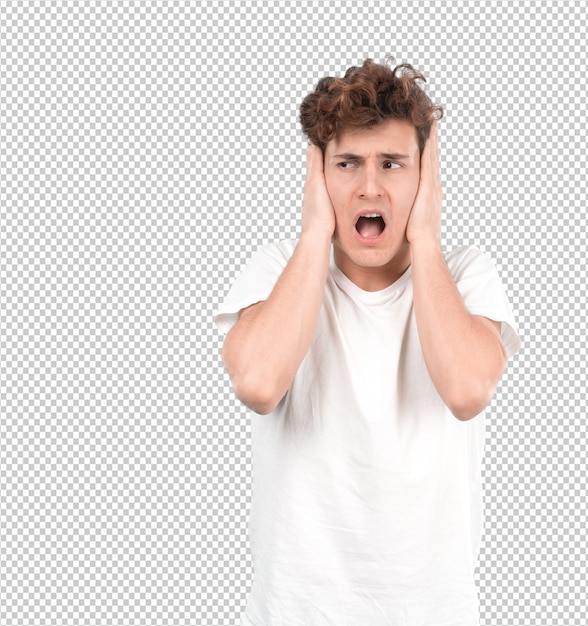 彼の手で耳を覆うストレスを受けた若い男