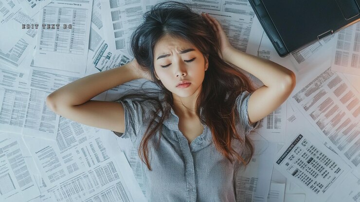 PSD stressed young woman lying on paperwork overwhelmed by documents and deadlines