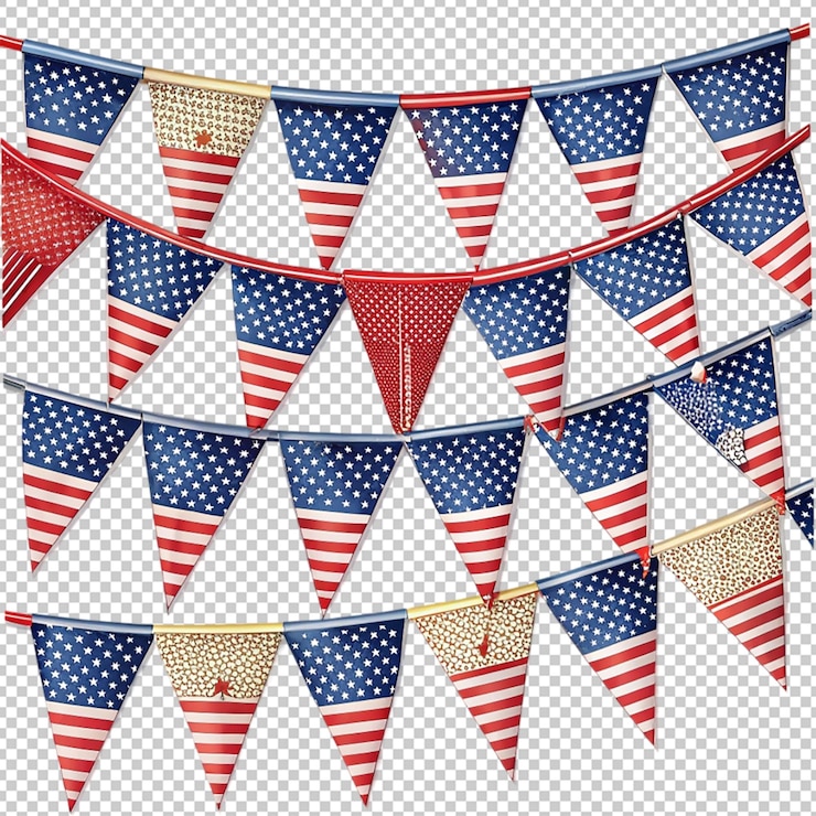 PSD string of american flag decorative bunting on transparent background