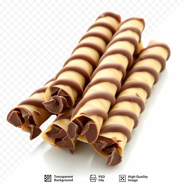 Rotoli di wafer a strisce riempiti di cioccolato isolati su x000d bianco spazio per il messaggio