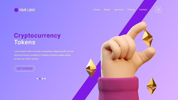 Strona docelowa kryptowalut z trójwymiarowym gestem dłoni i ikonami ethereum