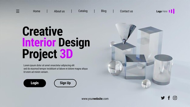 Strona internetowa, która mówi kreatywny projekt wnętrz 3d.