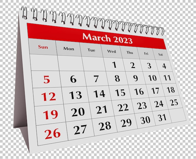 Strona rocznego kalendarza miesięcznego biurka biznesowego Data miesiąc marzec 2023 izolowana na przezroczystym tle