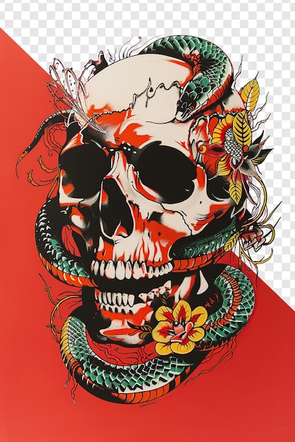 強いバタフライ 伝統的な頭蓋骨 絡み合ったヘビのタトゥー 大胆なカラフルな 芸術的なロゴと大胆な色