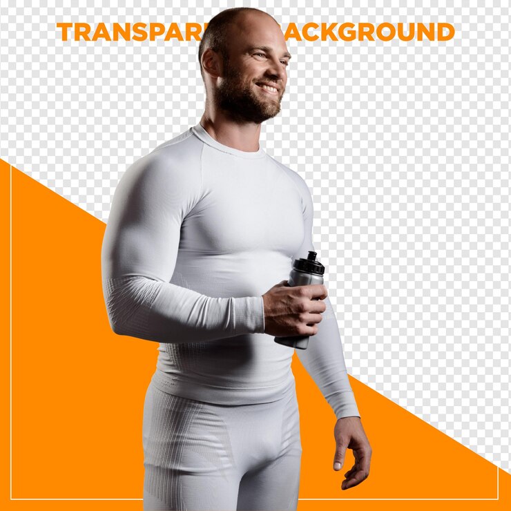 PSD strong man at the gym holding a water bottle with a transparent background