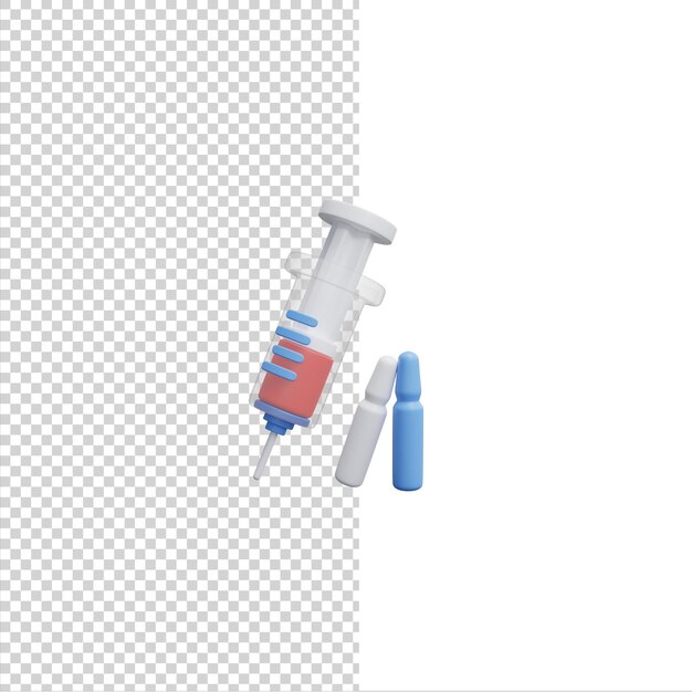 PSD strzykawka i ampułki 3d render ikona izolowane białe tło.