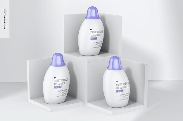stubby irregular cream bottles mockup on podium