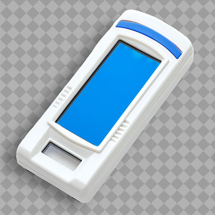 PSD stud finder with white plastic body and blue screen a handhe isolated object on clean background
