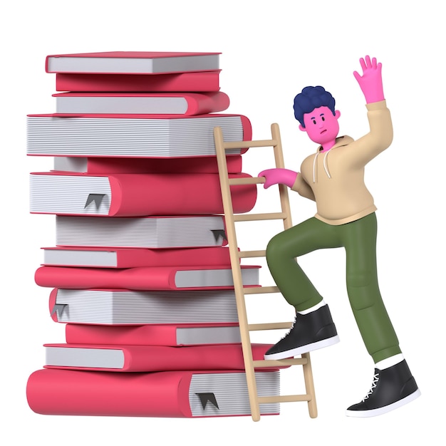 Student boy climbing stacks of books education university