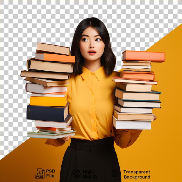 PSD student carrying stack of books isolated on transparent background include png file