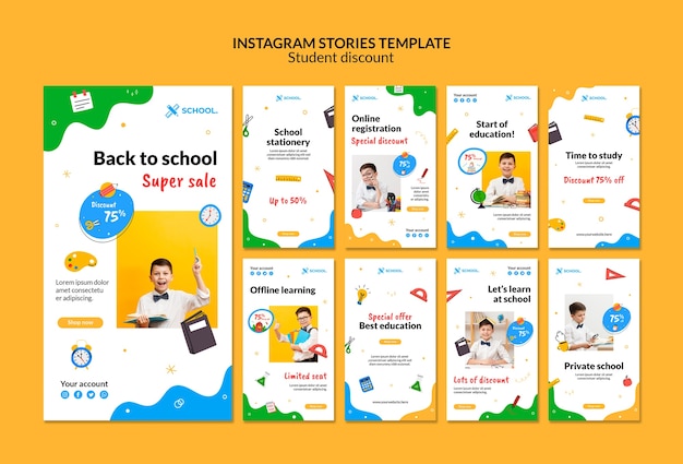 Modello di storie di instagram per sconti per studenti