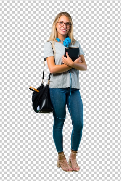 Student girl with glasses keeping the arms crossed in lateral position while smiling. confident expression