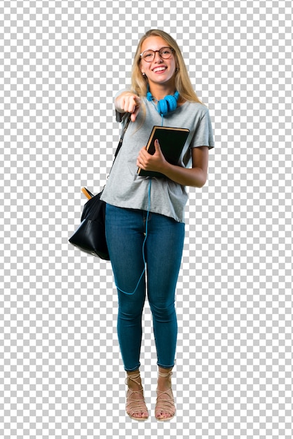 Student girl with glasses pointing with finger at someone and laughing a lot