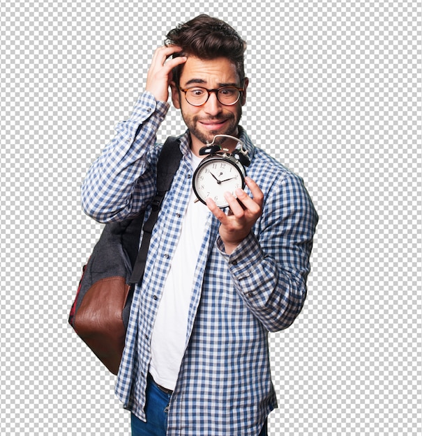 Student man holding an alarm clock