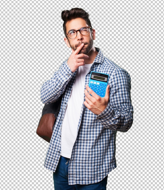 Student man holding a calculator