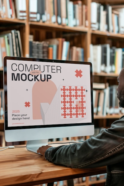 student studying in library mockup design