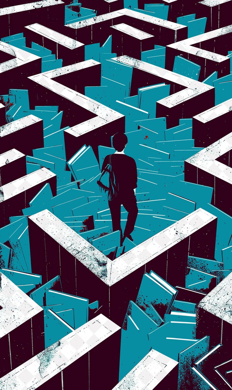 PSD student trapped in a maze of lockers red school books scatte flat illustration background design