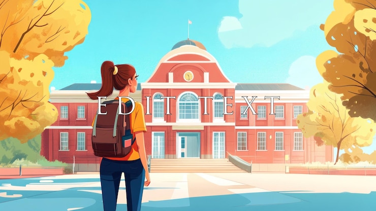 PSD student with backpack facing university building
