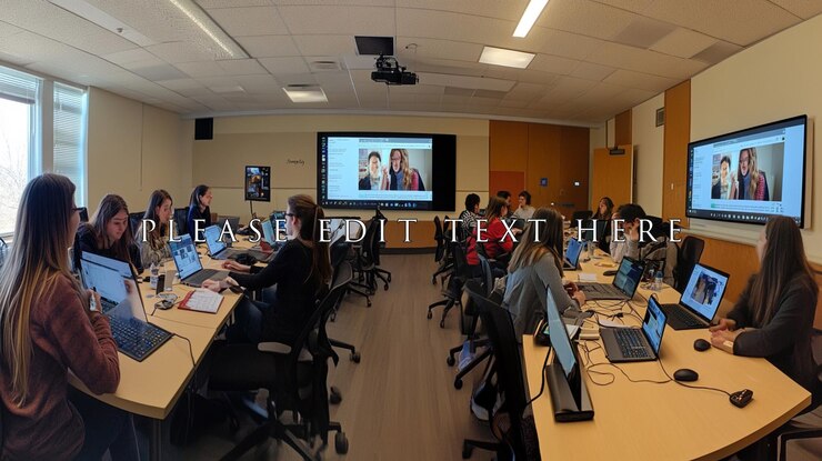 PSD students in a classroom using laptops watching a presentation o