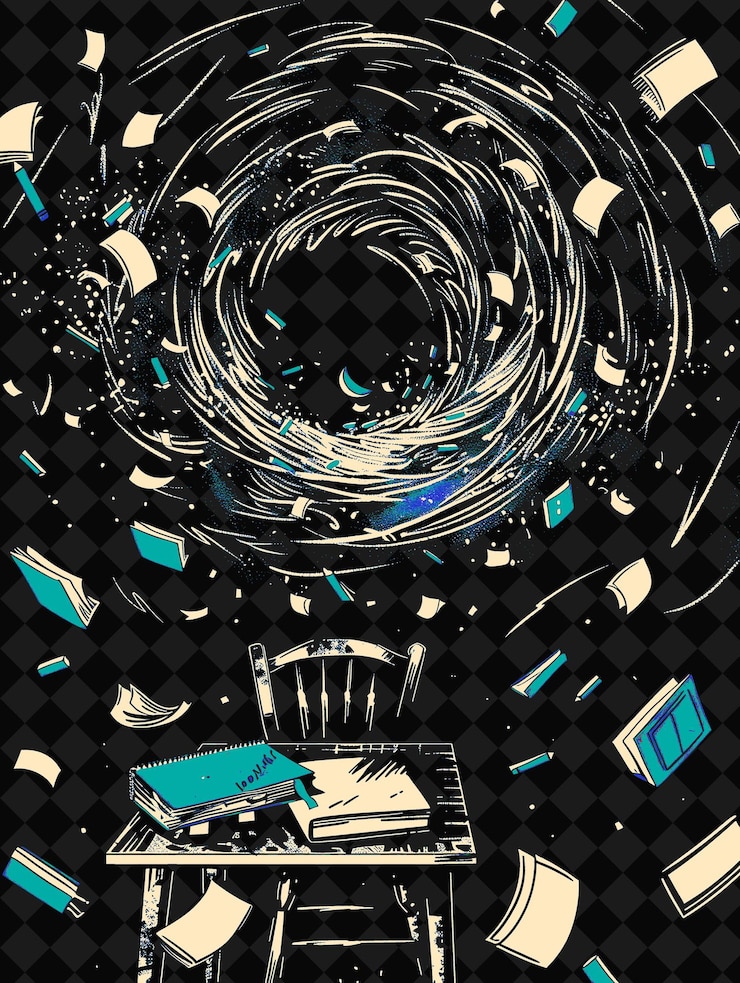 PSD students desk being sucked into a black hole red school supp flat illustration background design