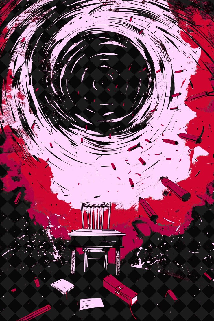 PSD students desk being sucked into a black hole red school supp flat illustration background design