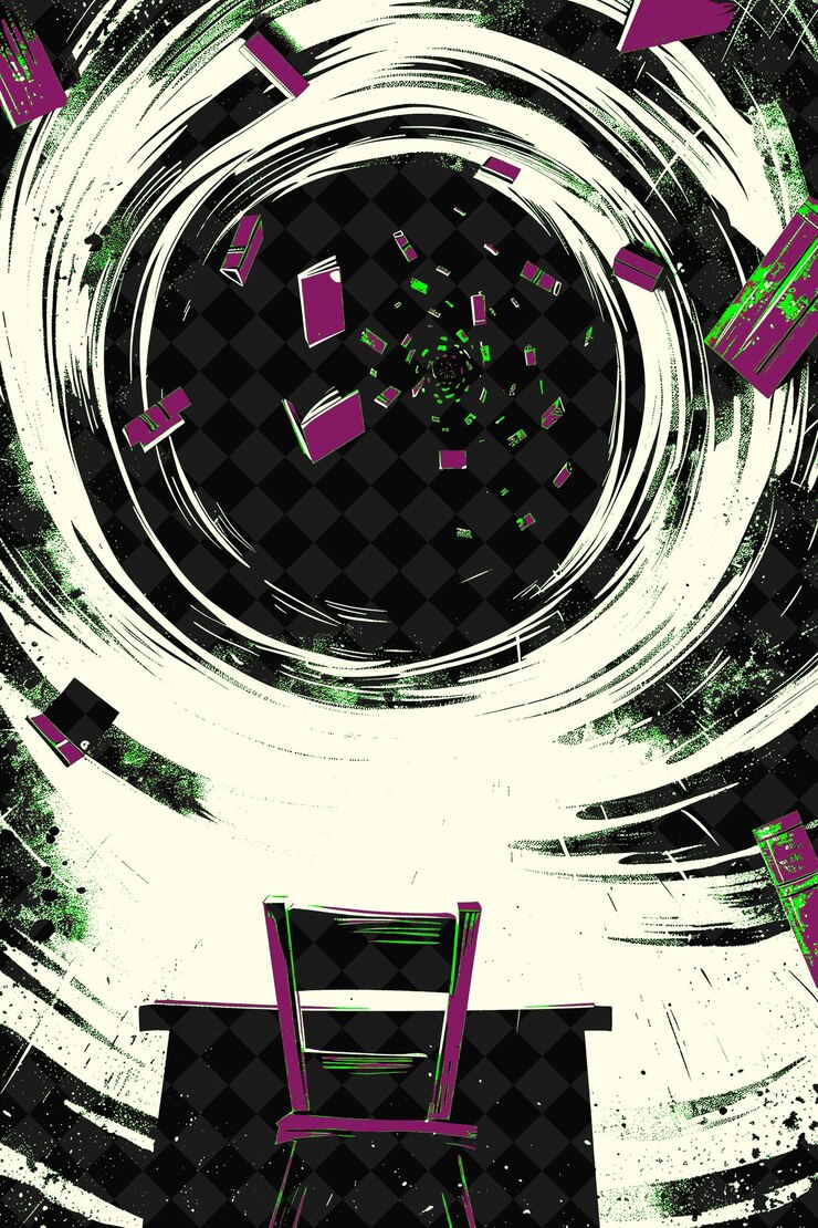 PSD students desk being sucked into a black hole red school supp flat illustration background design