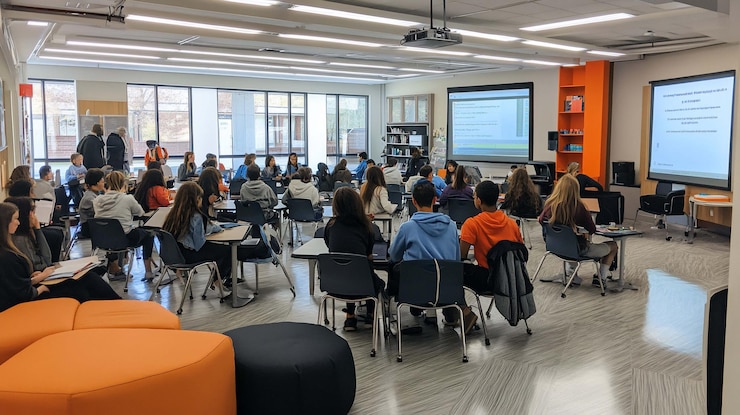 PSD students in modern classroom setting attentive to presentation