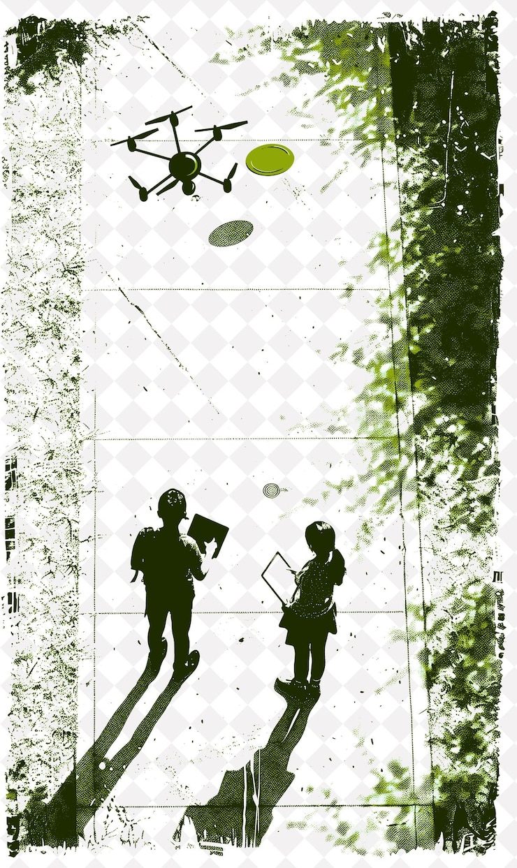 PSD students playing with ai powered drones holding tablets in t flat illustration background design