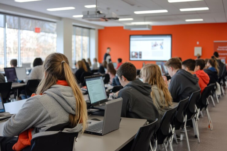 PSD students using laptops in a modern classroom with a teacher presenting