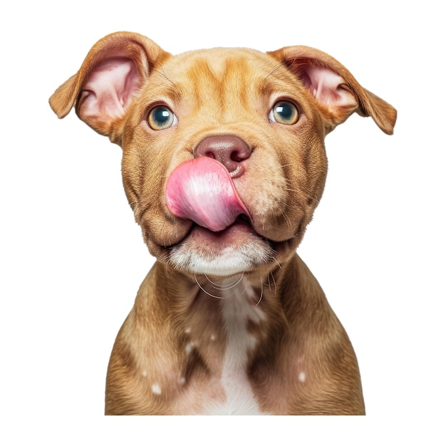 PSD studio headshot portrait of pit bull puppy licking with tongue out