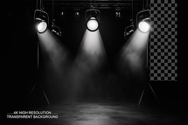 Studio light stage spotlights 3d lamps concert or movie setting on transparent background