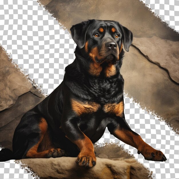 Foto in studio di un rottweiler che protegge con uno sfondo di parete di pietra