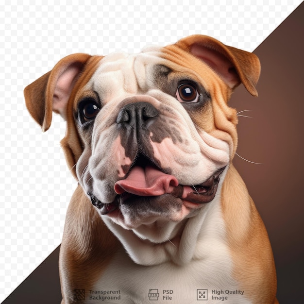 PSD studio portrait of a comical english bulldog against a dark transparent background