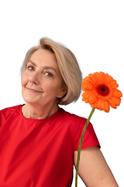 PSD studio portrait of elderly woman with daisy flowers