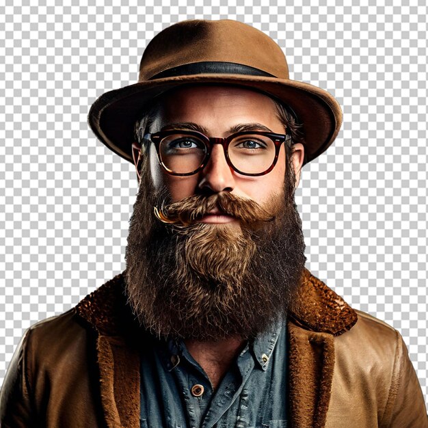 PSD studio portrait of laughing mid adult man in trilby with overgrown beard