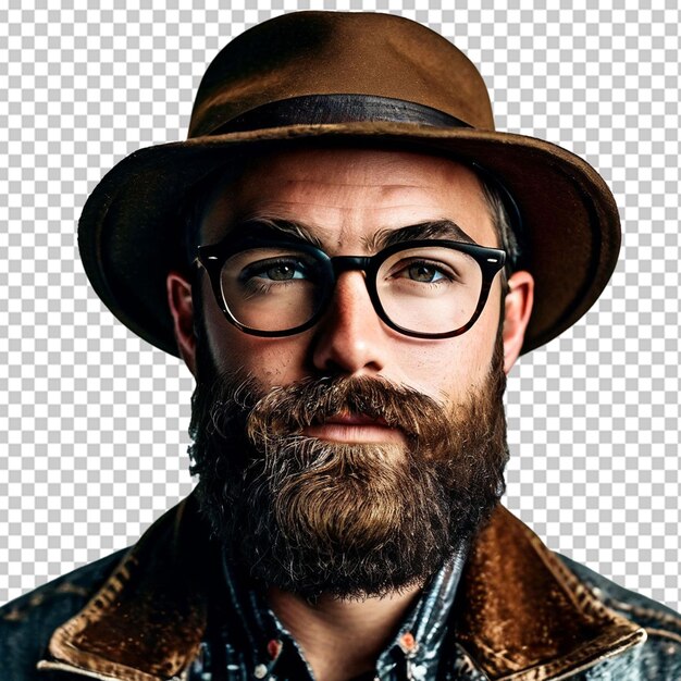 PSD studio portrait of laughing mid adult man in trilby with overgrown beard