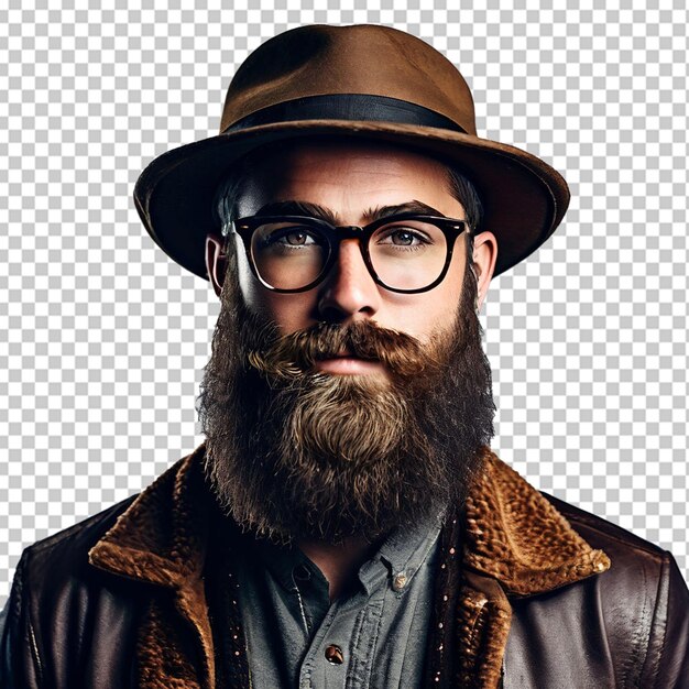 PSD studio portrait of laughing mid adult man in trilby with overgrown beard